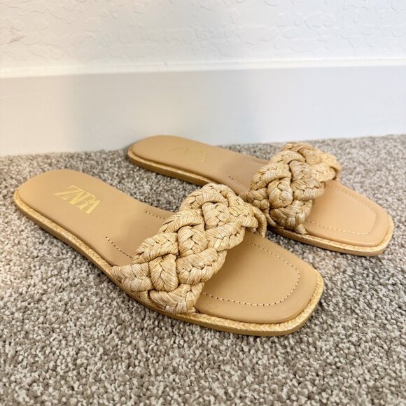 Zara Woven Raffia Slide Square Toe Flat Sandals Tan Boho Cottagecore Casual 39/9 - Picture 2 of 9